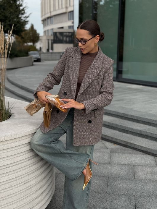 Полупальто из шерсти в твид, шоколадный