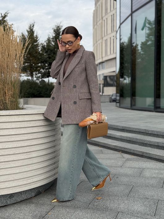 Полупальто из шерсти в твид, шоколадный