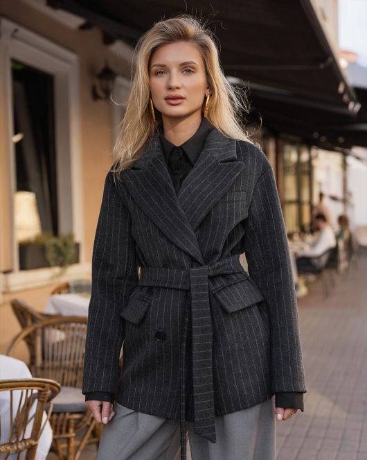 Полупальто из шерсти в полоску, серый