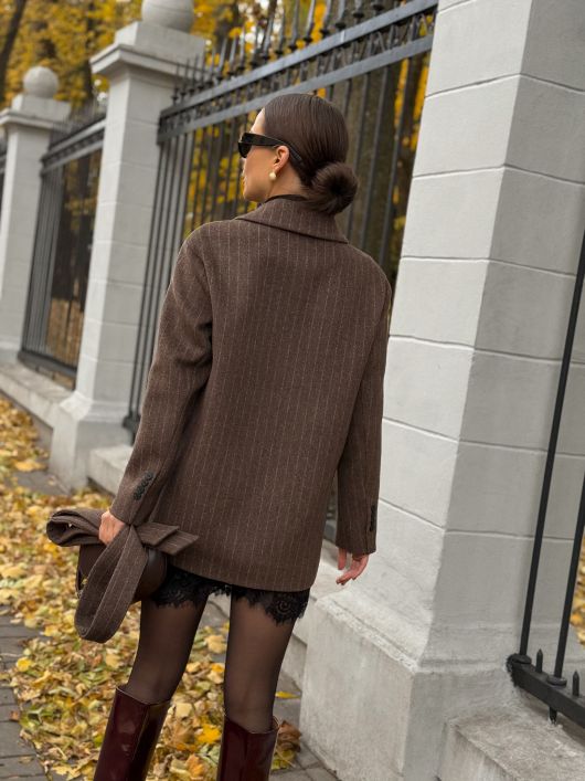 Полупальто из шерсти в полоску, шоколадный