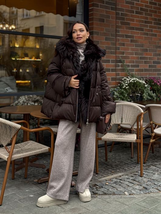 Пуховик с мехом лисы, шоколадный