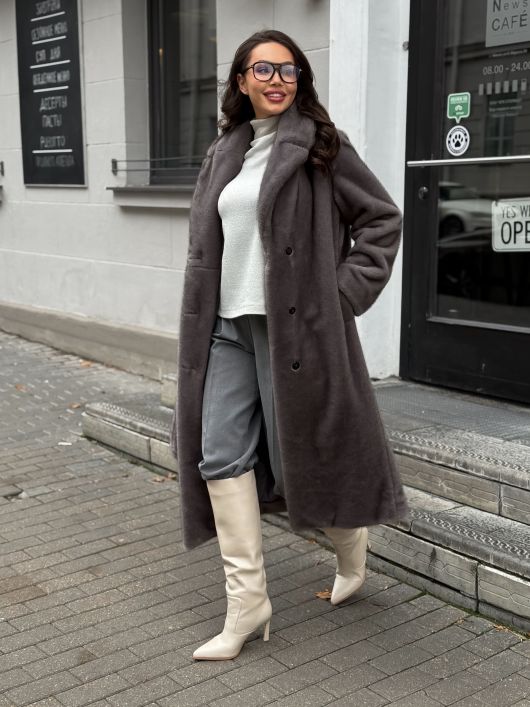 Шубка "волк" в макси длине, графитовый