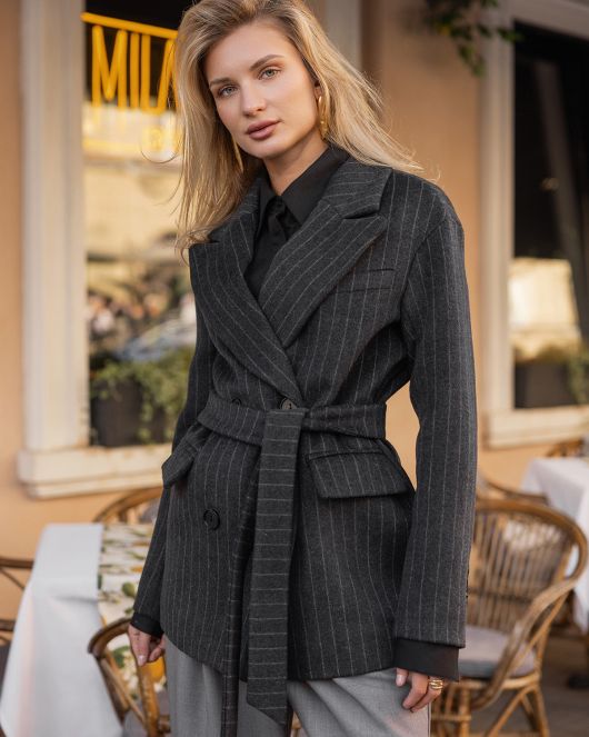 Полупальто из шерсти в полоску, серый