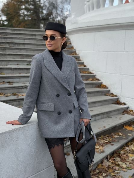 Полупальто из шерсти в елочку, синий