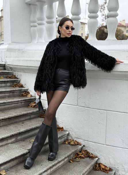 Бомбер укороченный с перьями, черный