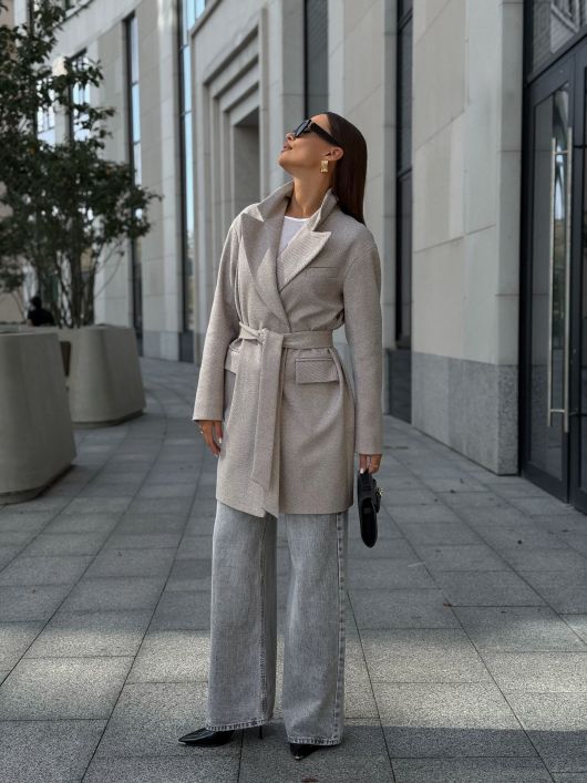 Пальто из шерсти в елочку, кофейный