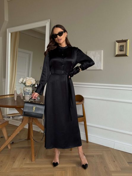 Платье с поясом в длине миди, черный