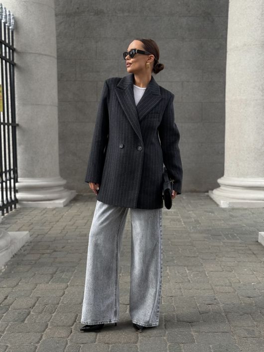 Полупальто из шерсти в полоску, серый