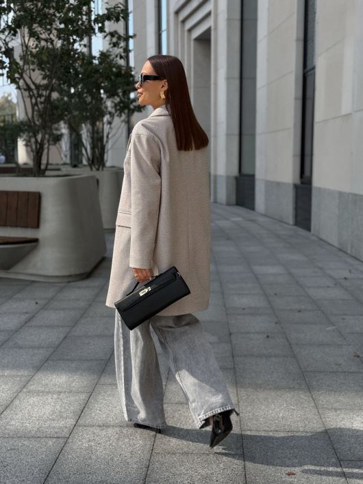 Пальто из шерсти в елочку, кофейный