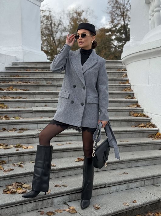 Полупальто из шерсти в елочку, синий