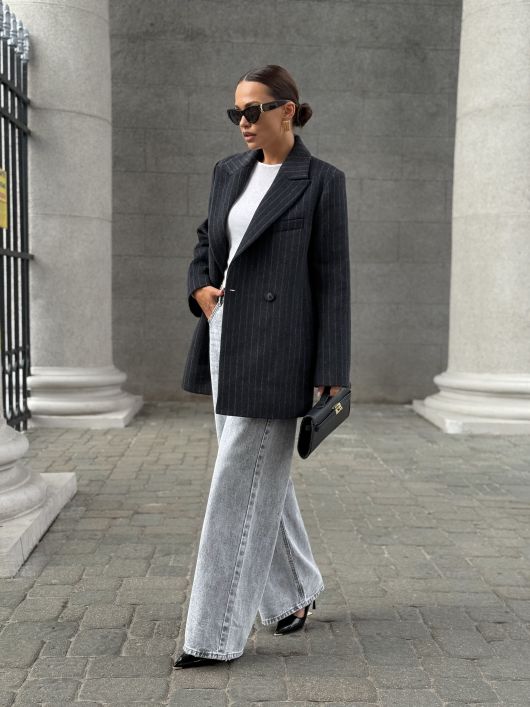 Полупальто из шерсти в полоску, серый