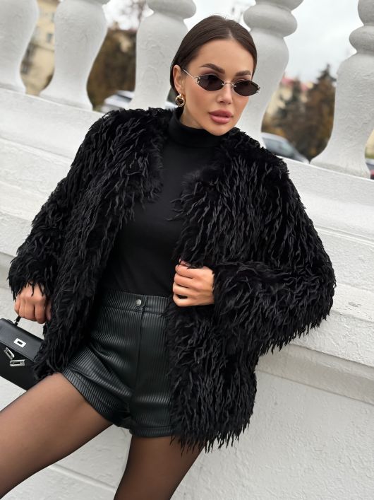 Бомбер укороченный с перьями, черный