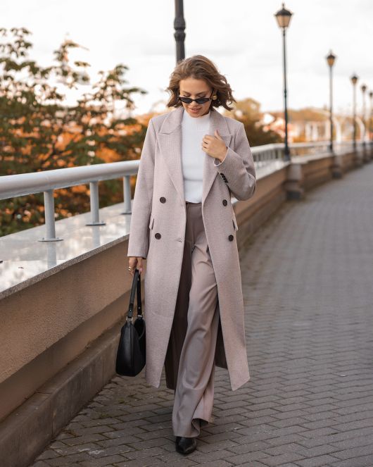 Пальто из шерсти в елочку, шоколадный